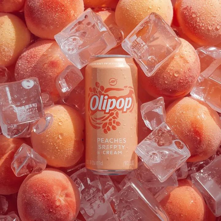 Ultra-realistic peach soda can with fresh peaches and ice, showcasing condensation and carbonation bubbles.