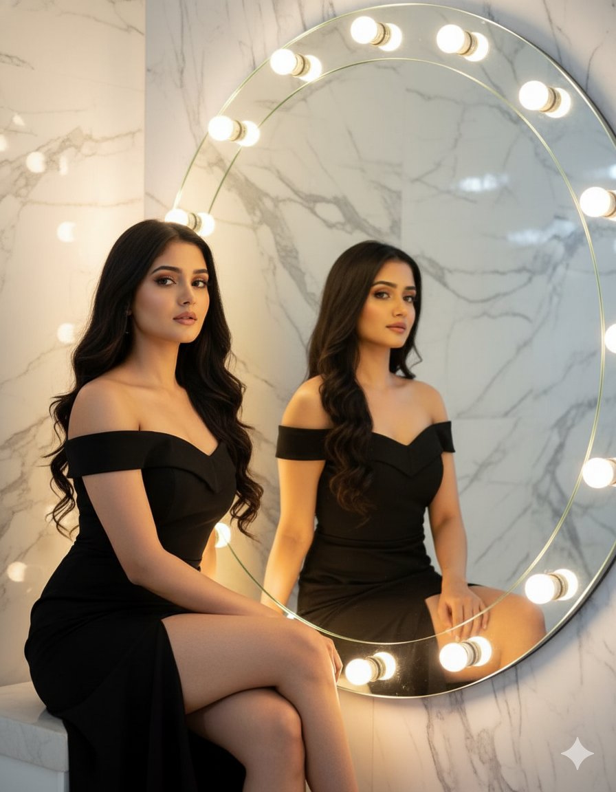 A glamorous woman in an elegant off-shoulder black dress, sitting beside a large illuminated mirror, exuding confidence, with long wavy black hair cascading over her shoulders.