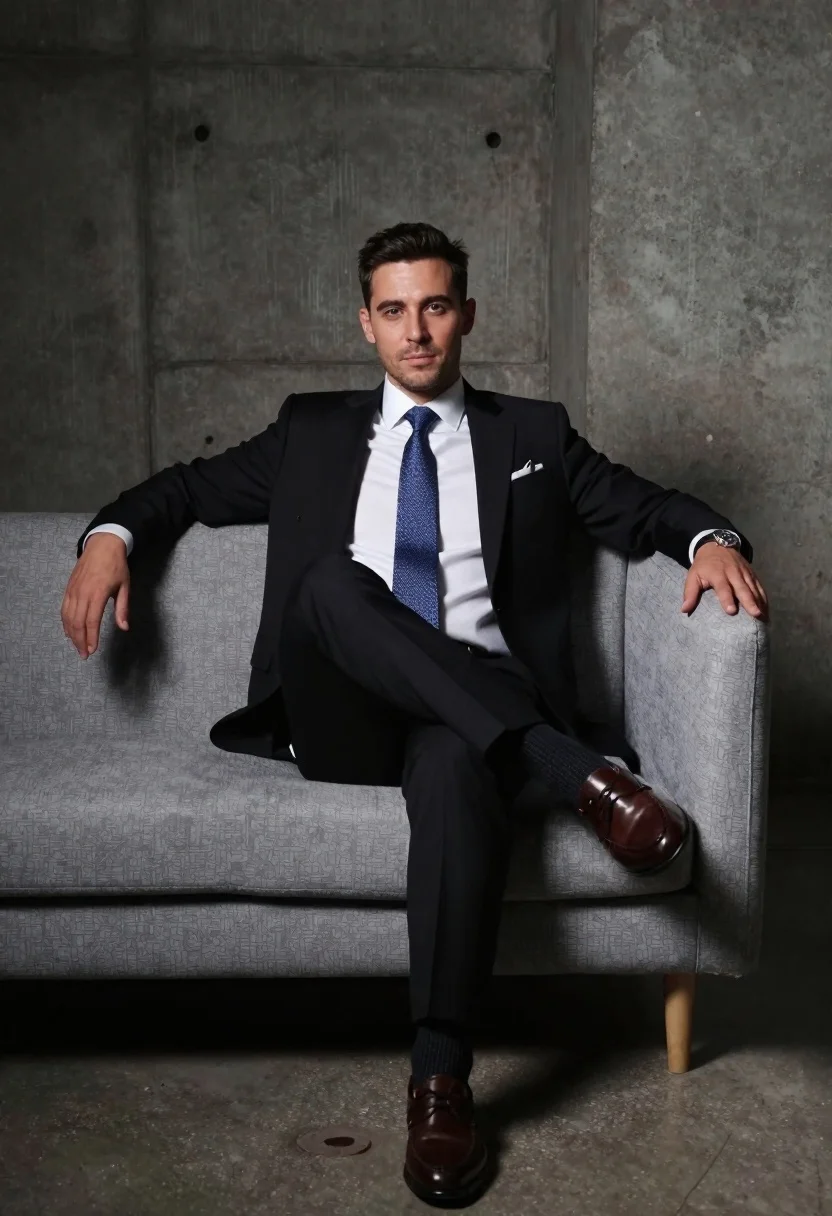 Professional Portrait Man Formal Business Attire Sitting Confidently Gray Couch reference photo