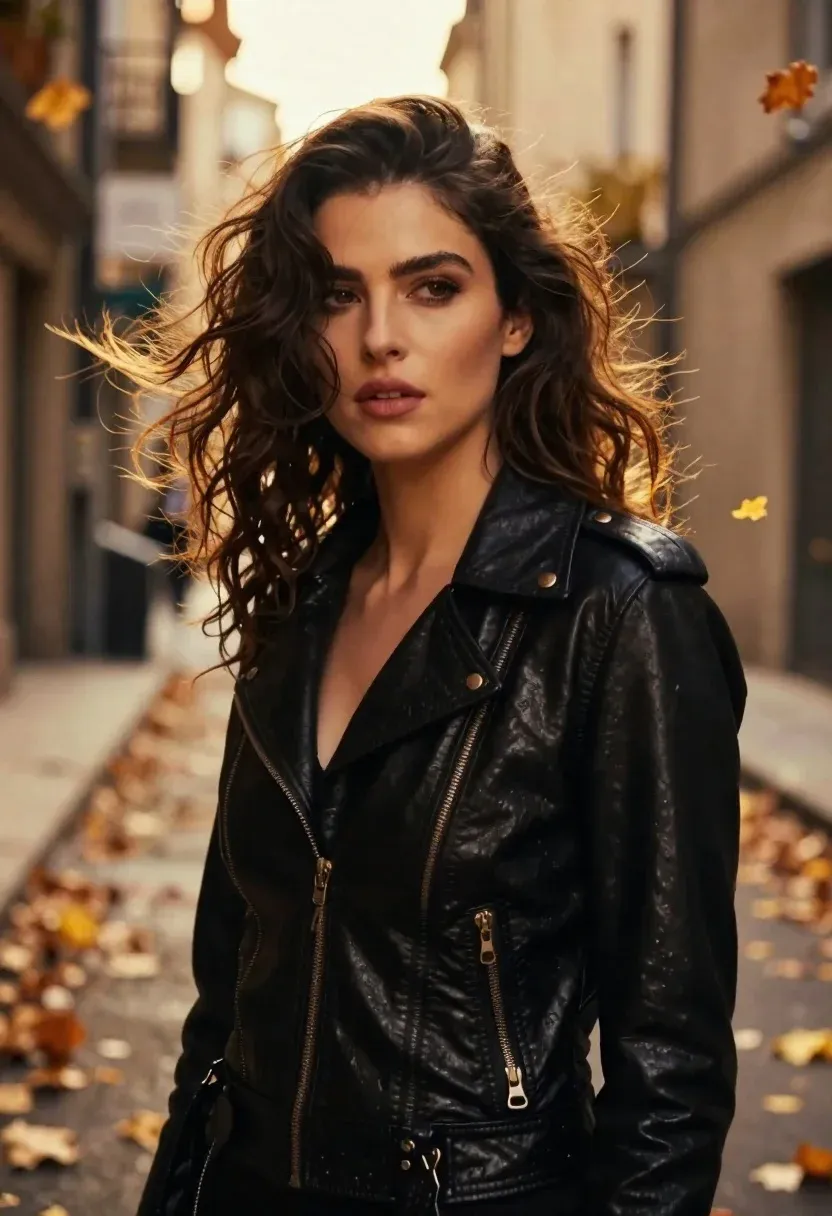 Portrait Woman With Windswept Dark Wavy Hair And Intense Gaze