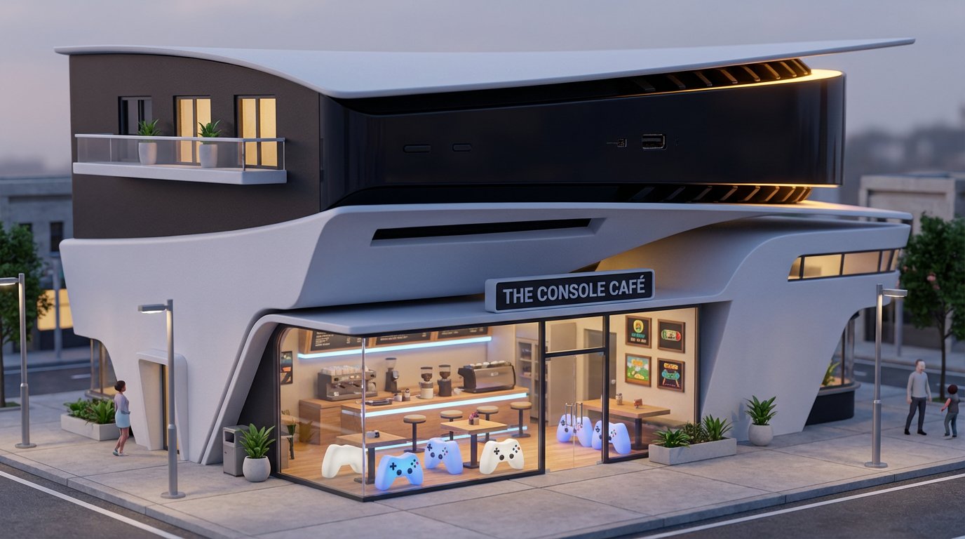 A dreamlike miniature café with an oversized product as its upper structure, showcasing warm lighting and intricate details.