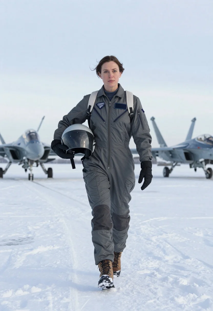 Subject Woman Grey Flight Suit Walks Forward Through Deep Snow reference photo