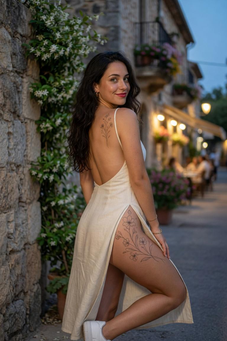 A person in a sleeveless linen dress stands on a cobblestone street, smiling gently with a rustic stone wall and cafe scene in the background.