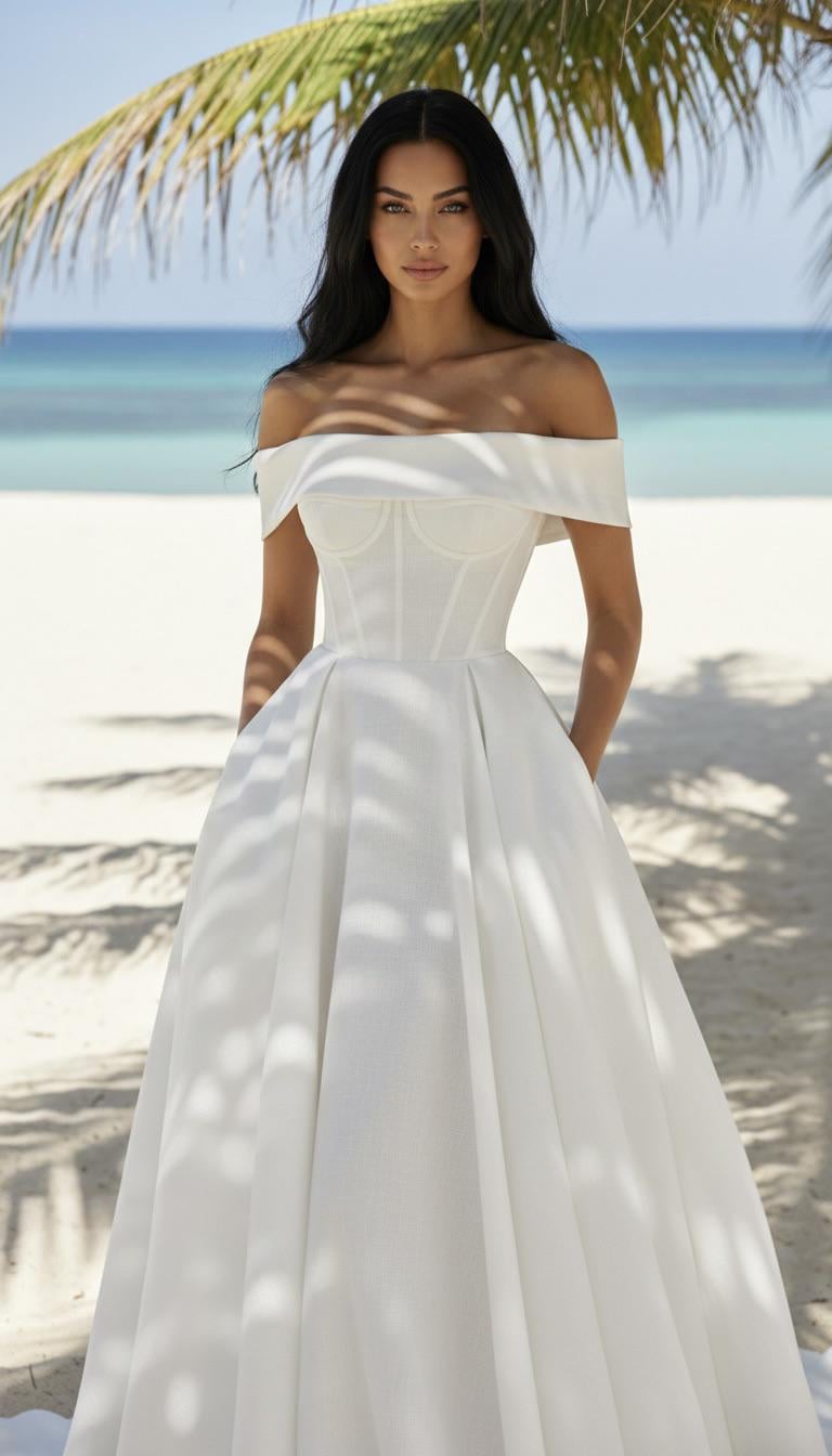 White Wedding Gown On Sun Drenched Beach Under Palm Tree