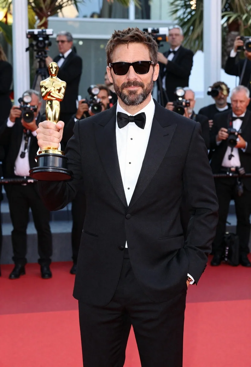 High-resolution Portrait Man Formal Wear Holding Oscar Statuette Red Carpet reference photo