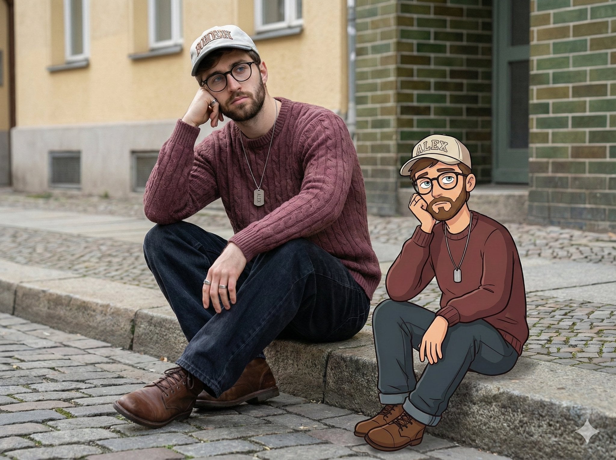 Urban Street Portrait Young Man Cartoon Illustration Curb