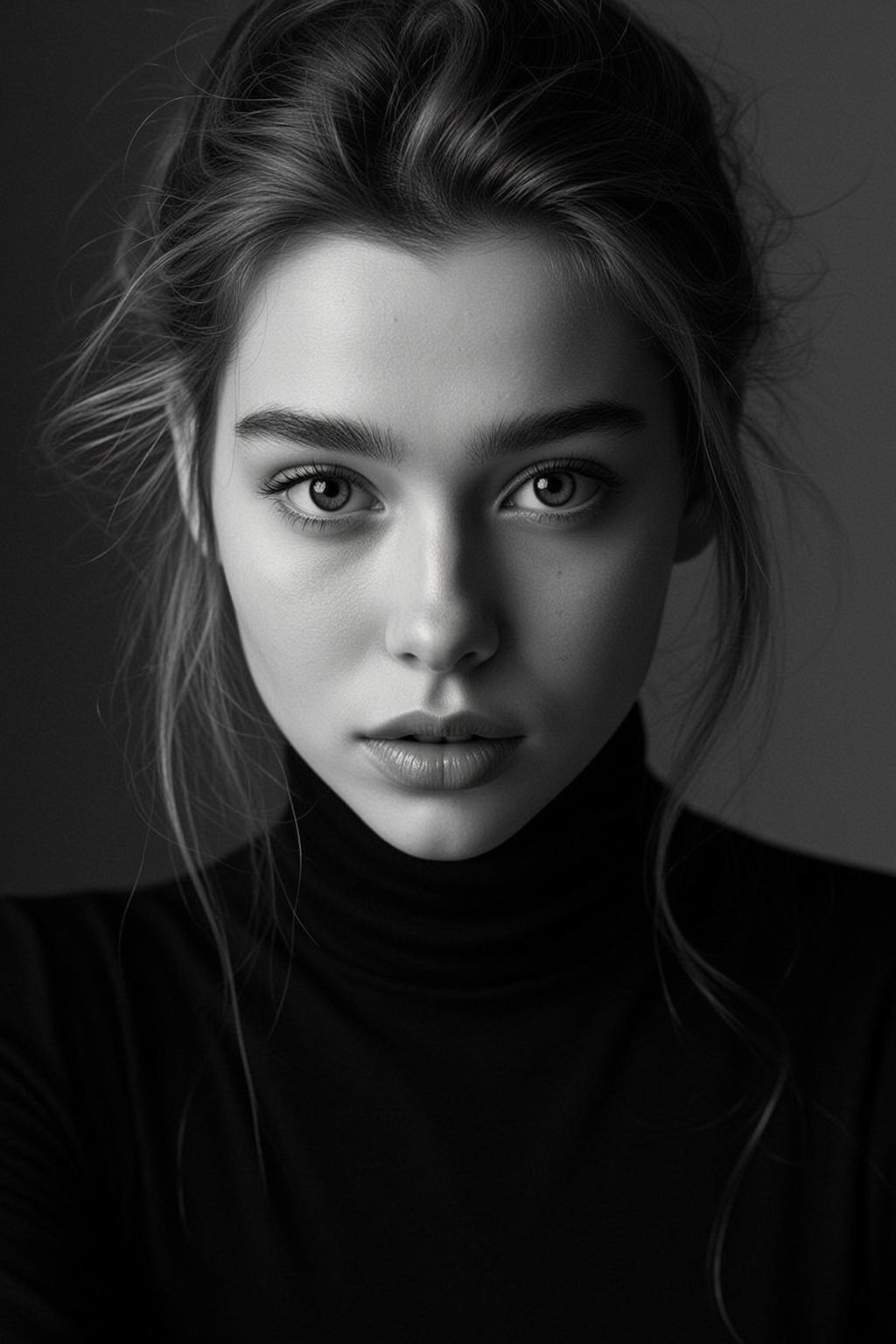 Close-up Head-and-shoulders Portrait Young Woman With Neutral Expression Her Gaze