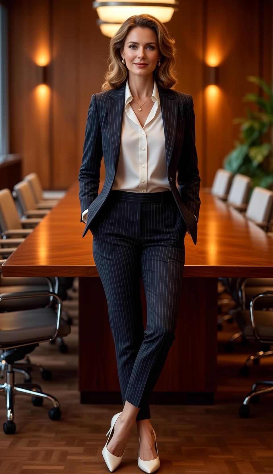 Pinstripe Suit Collared Blouse