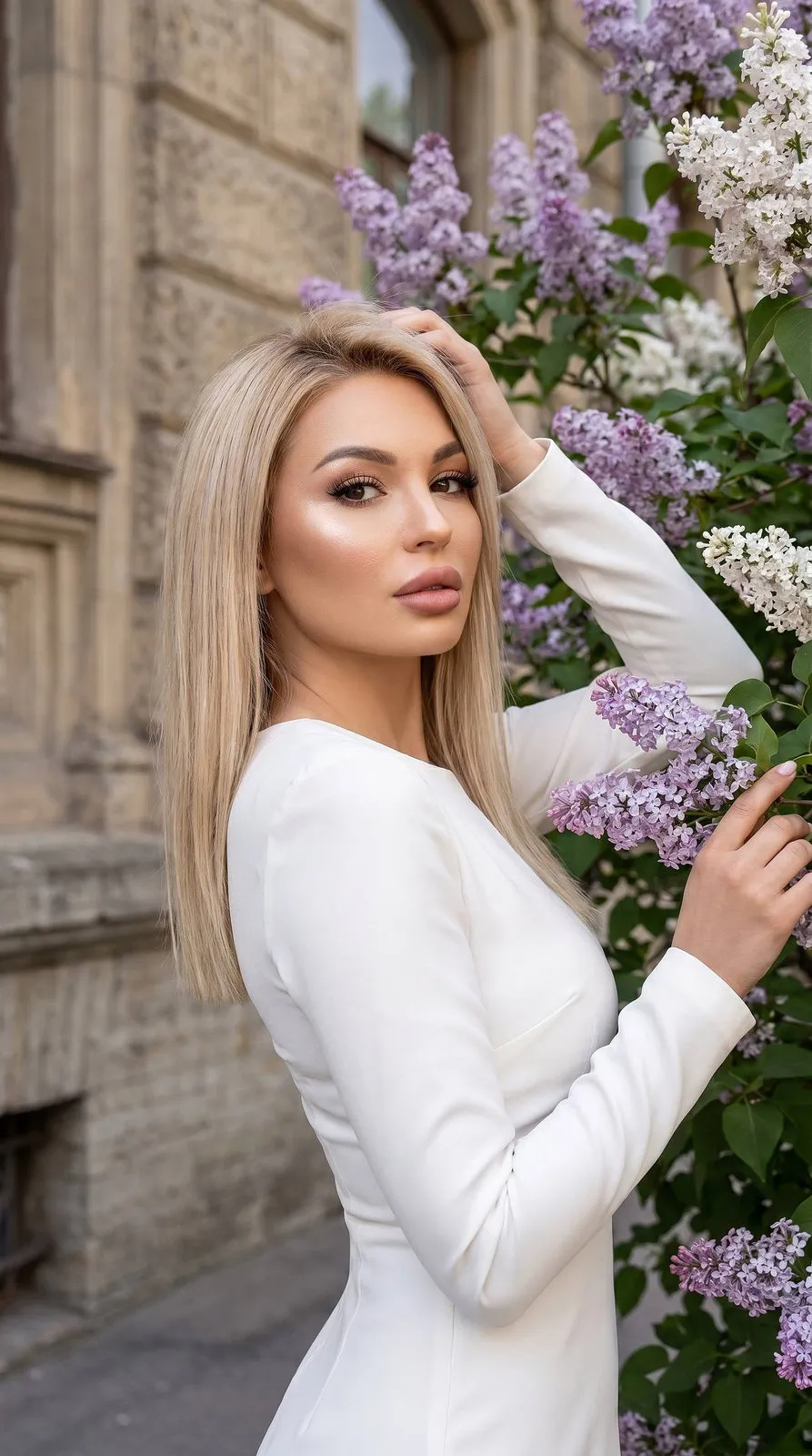 Vogue White Dress Historic Building Lilac Soft Light