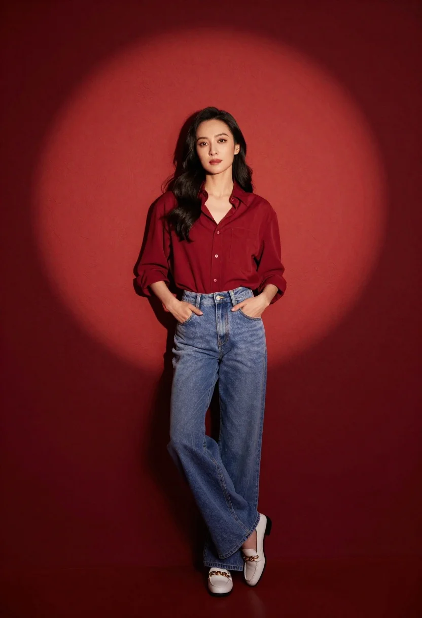 Confident Woman Stands Leaning Against Textured Red Wall Illuminated Dramatic