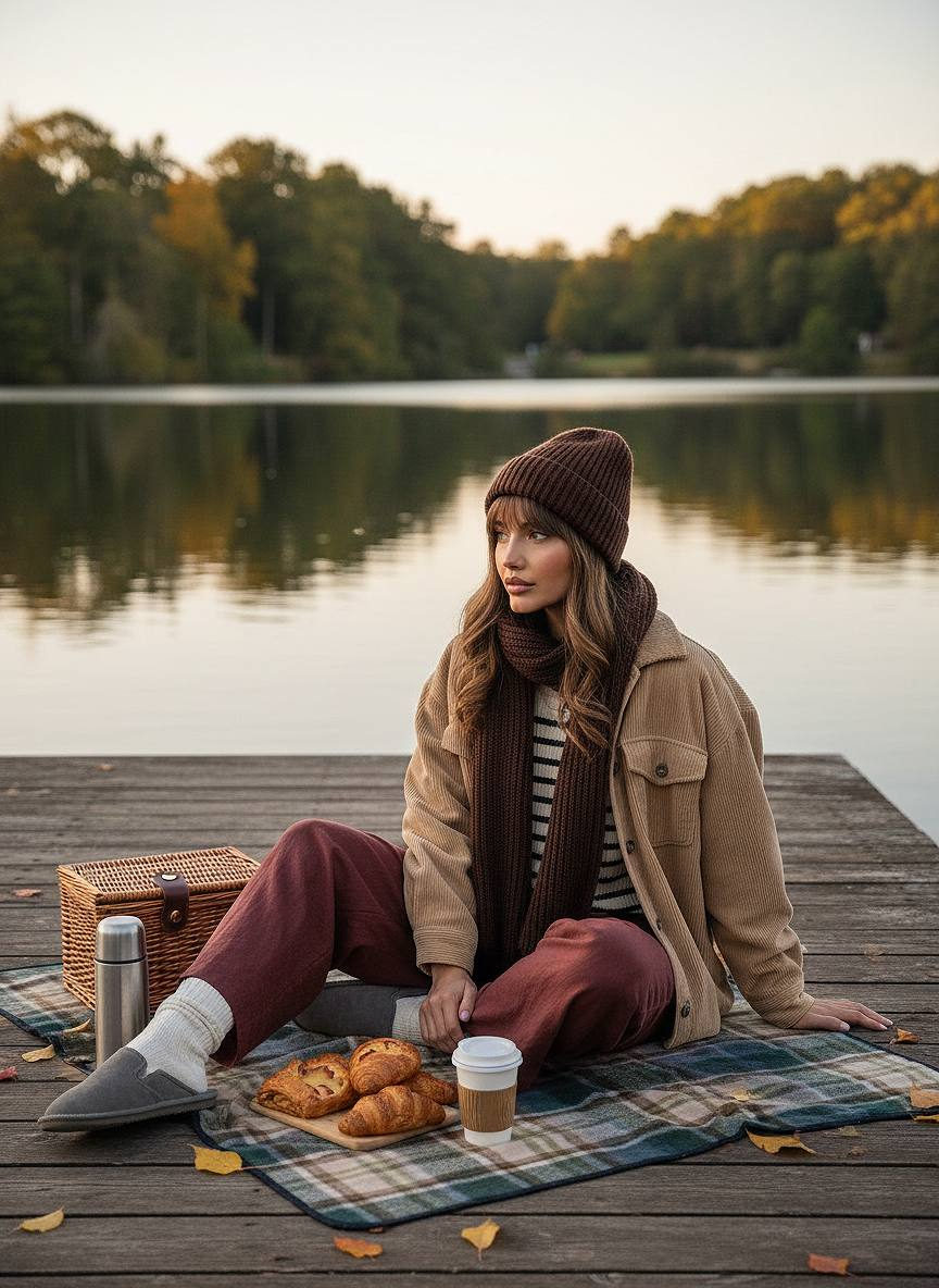 A woman enjoying a serene picnic by a lake at autumn dusk, surrounded by cozy details including a blanket, wicker basket, and pastries.
