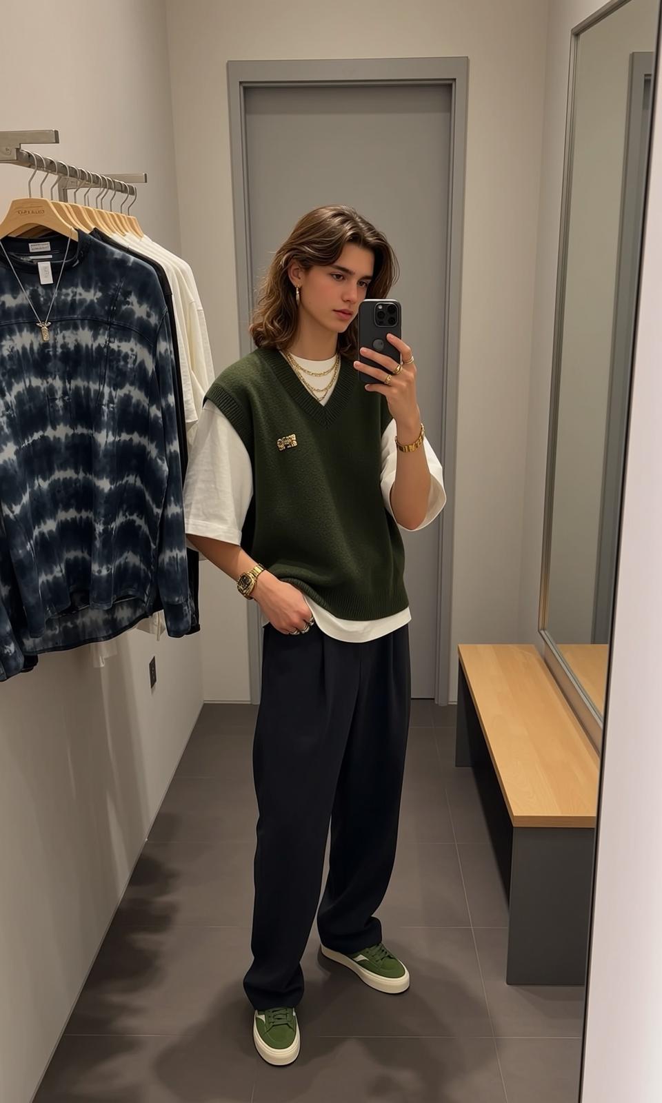 White Tee and Navy Trousers