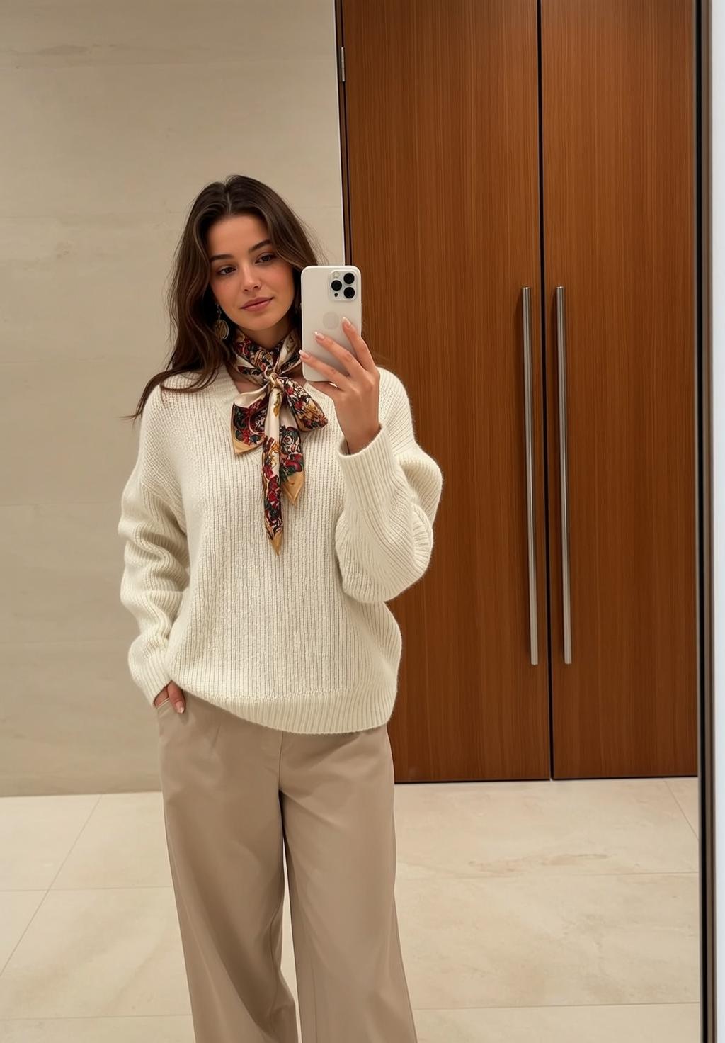 Autumn Stands Facing Mirror Holding Smartphone Her