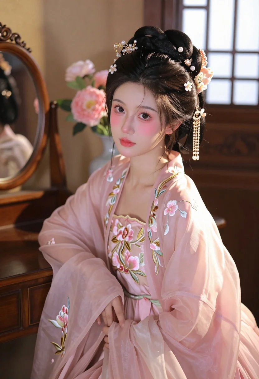 Young Woman With Dark Hair Styled Elaborate Updo Adorned With