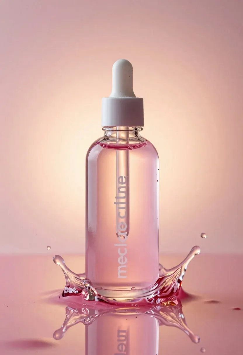 Transparent Glass Bottle With Dropper Cap Filled With Pink Liquid
