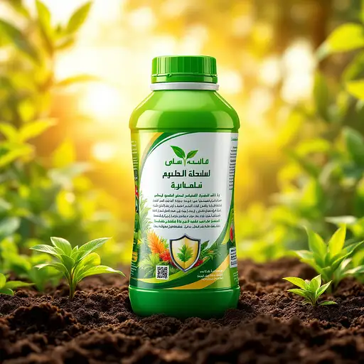 A vibrant green-capped bottle of organic pesticide with detailed Arabic info, set against a colorful foliage and soil backdrop in sunlight.