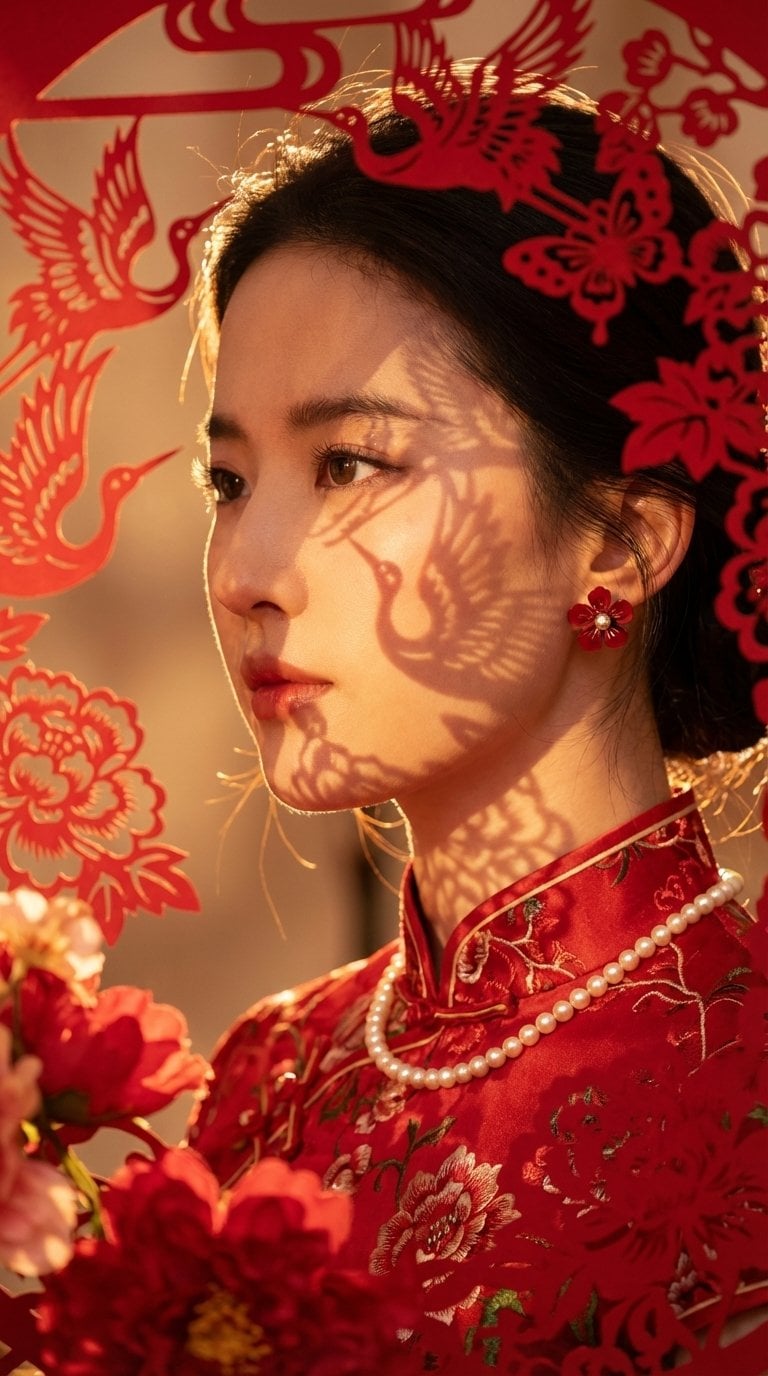 A woman dressed in festive attire poses elegantly in a beautifully decorated setting, showcasing natural skin texture and stunning reflections.
