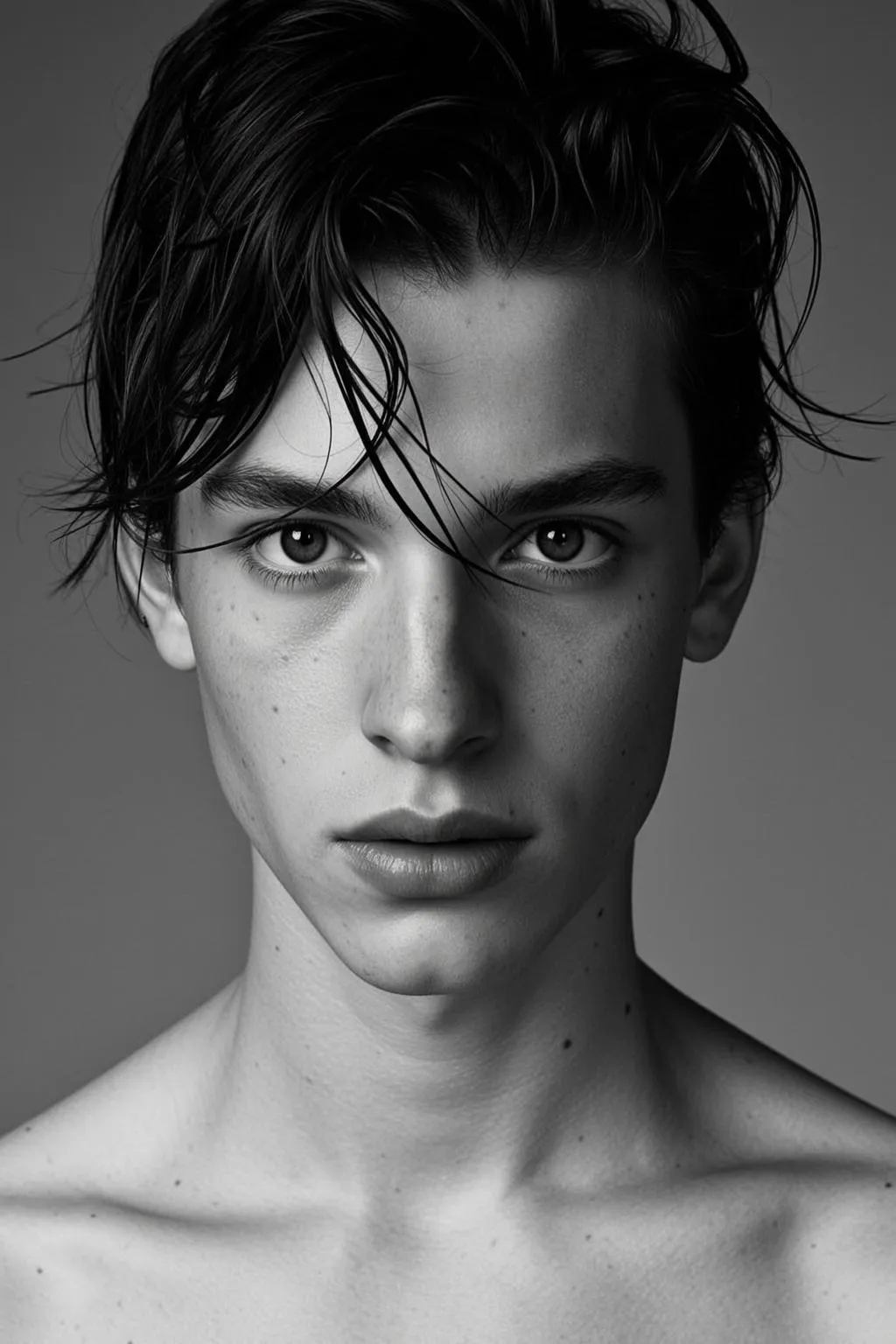 Tightly Cropped Headshot Portrait Young Man With Dark Wet Tousled