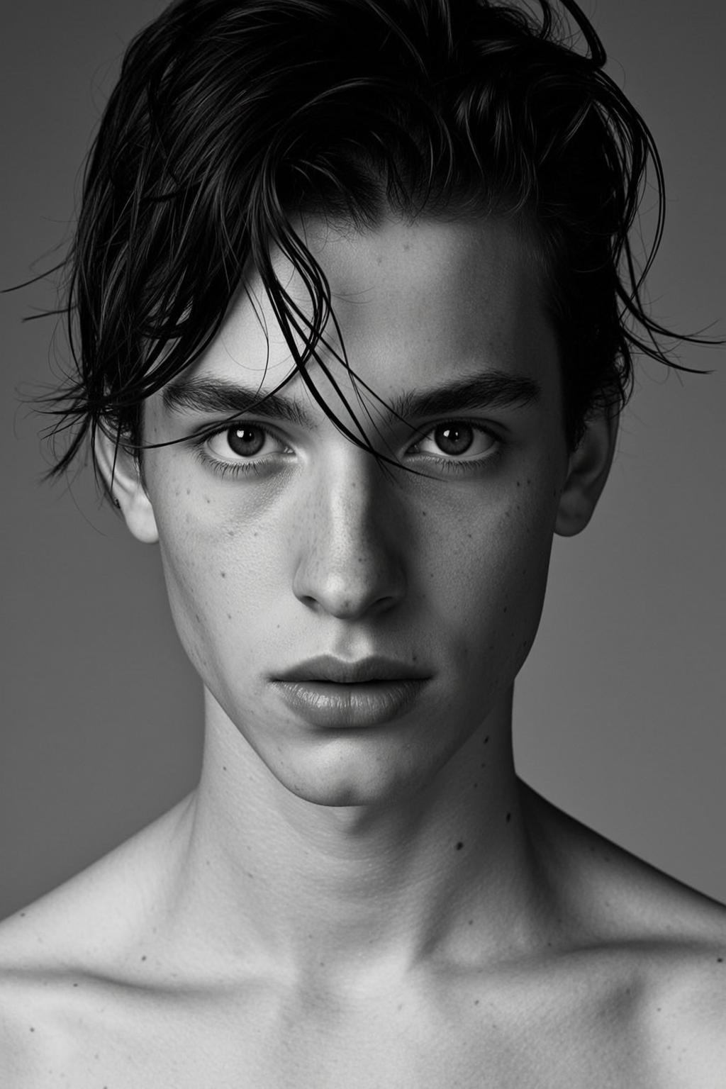 Tightly Cropped Headshot Portrait Young Man With Dark Wet Tousled