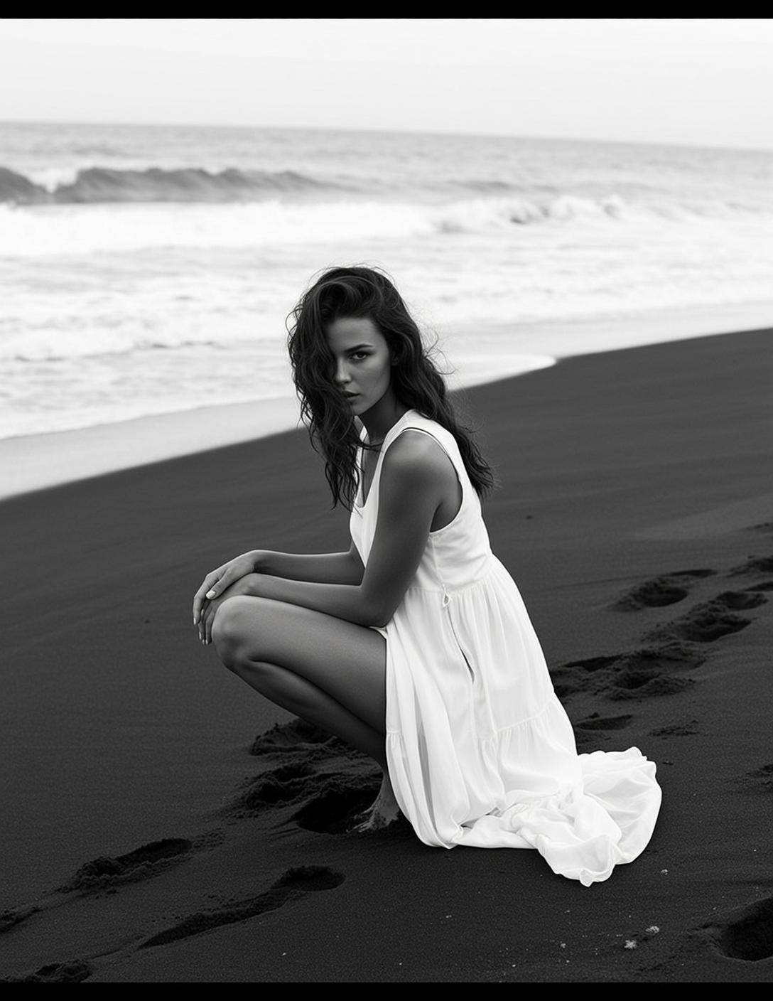 Black And White Medium Shot Portrait Young Woman With Long