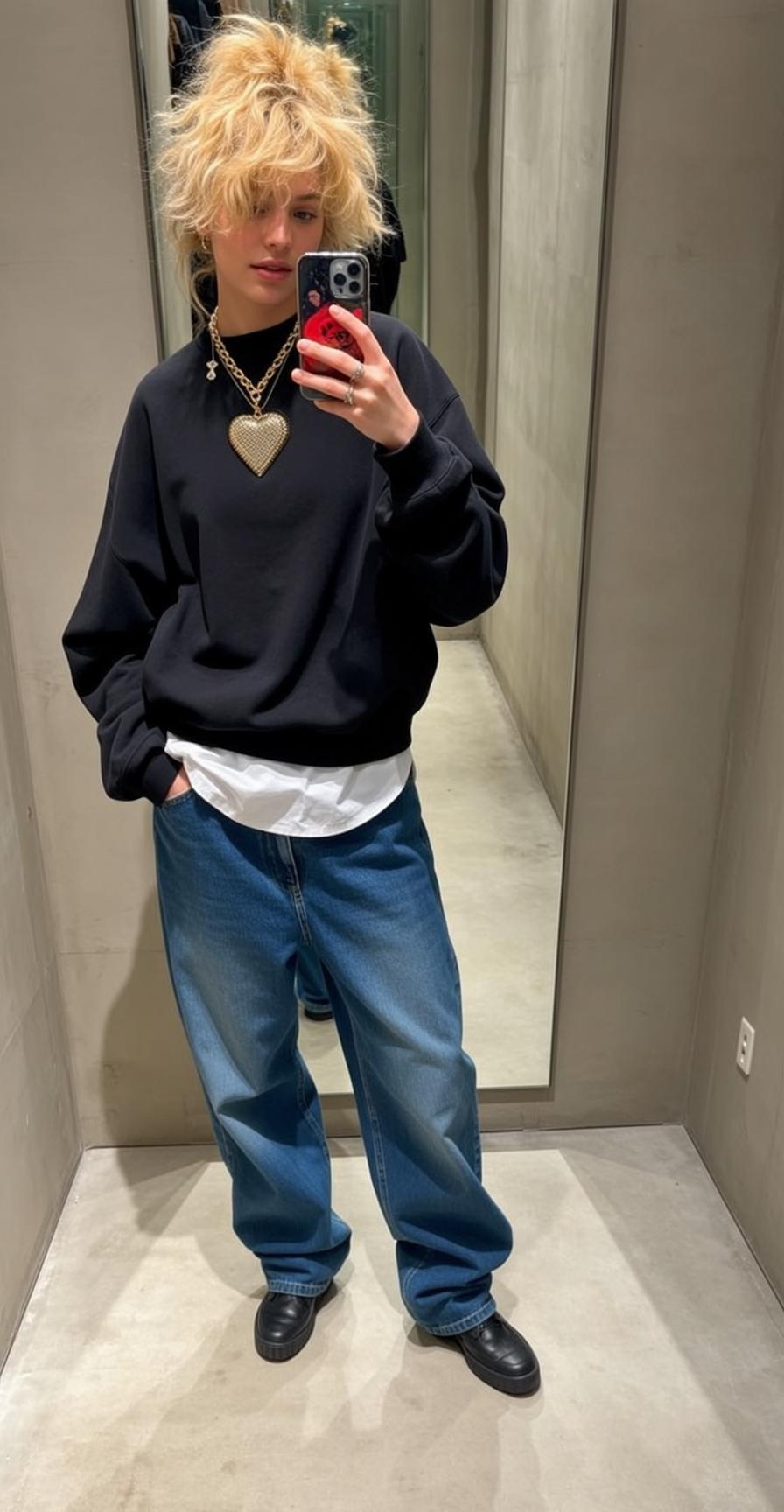 Black Sweatshirt and Jeans in Fitting Room
