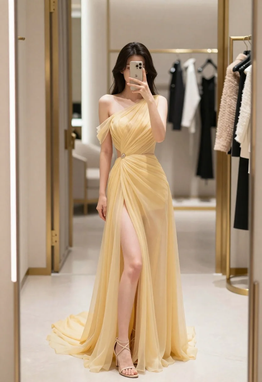 Full-length Mirror Selfie Woman Wearing Elegant Yellow Evening Gown Subject