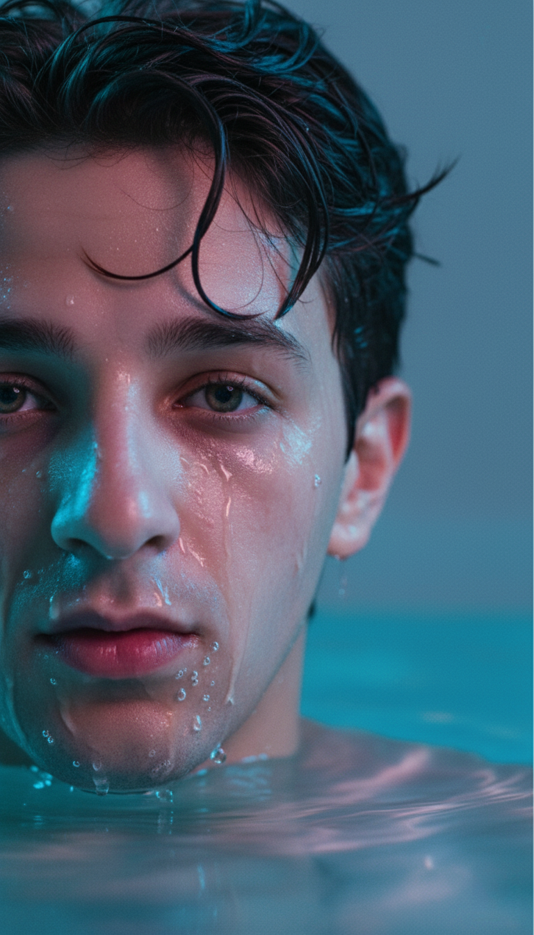 Close-up of a young man's face partially submerged in water, with soft neon blue and pink lighting, highlighting skin texture and reflections.