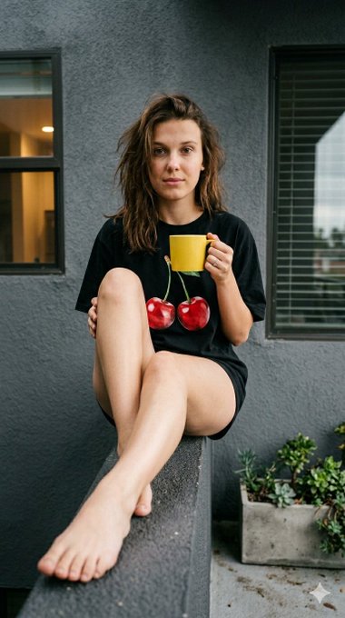 Casual morning portrait of a woman wearing an oversized shirt with red cherries on a balcony, holding a pink coffee mug.