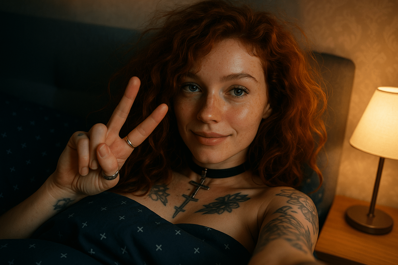 Close-up of a woman with vibrant red hair holding a peace sign in bed under warm lamp light.