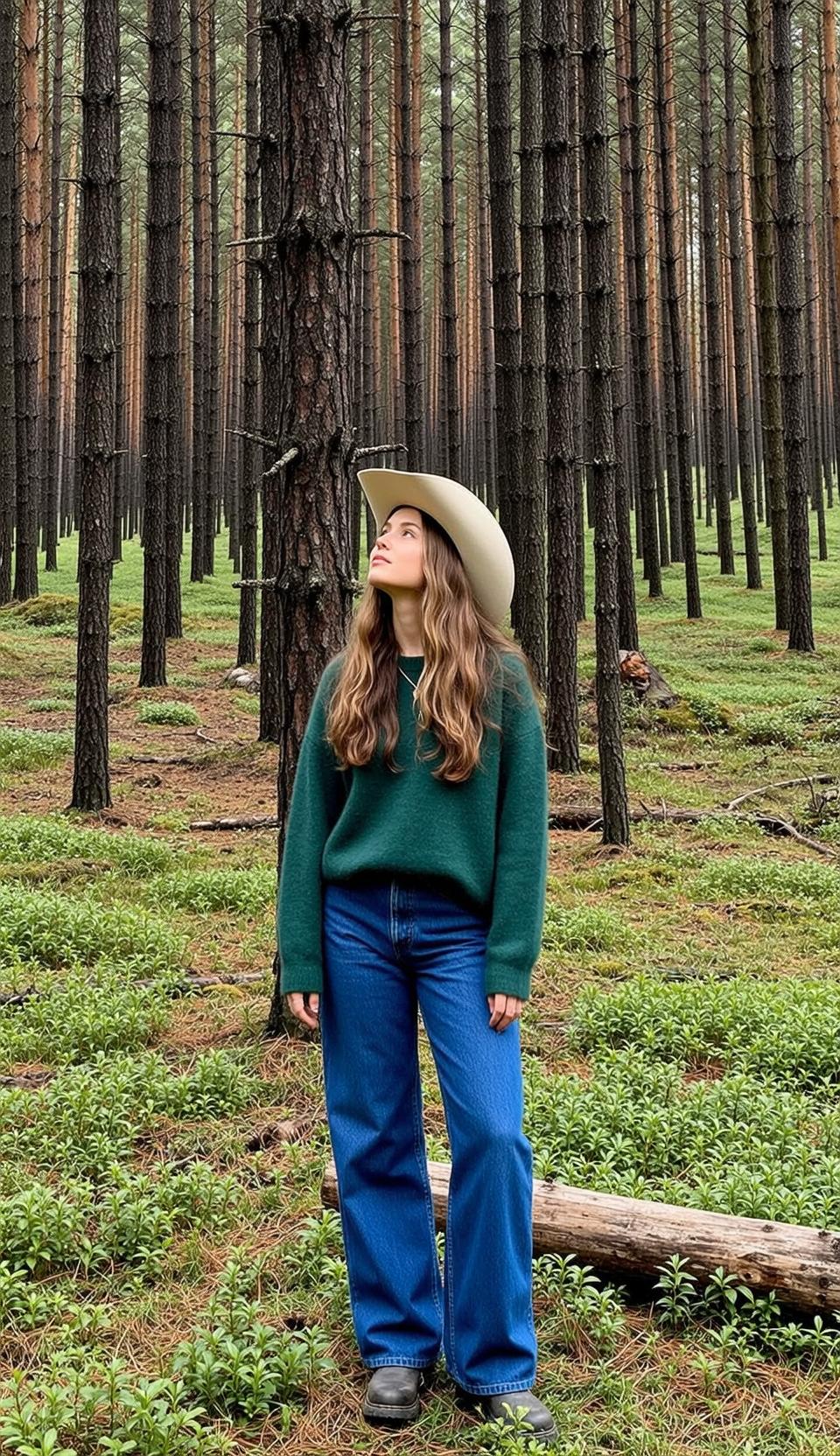 Cowgirl Stands Dense Pine Forest Looking Upwards