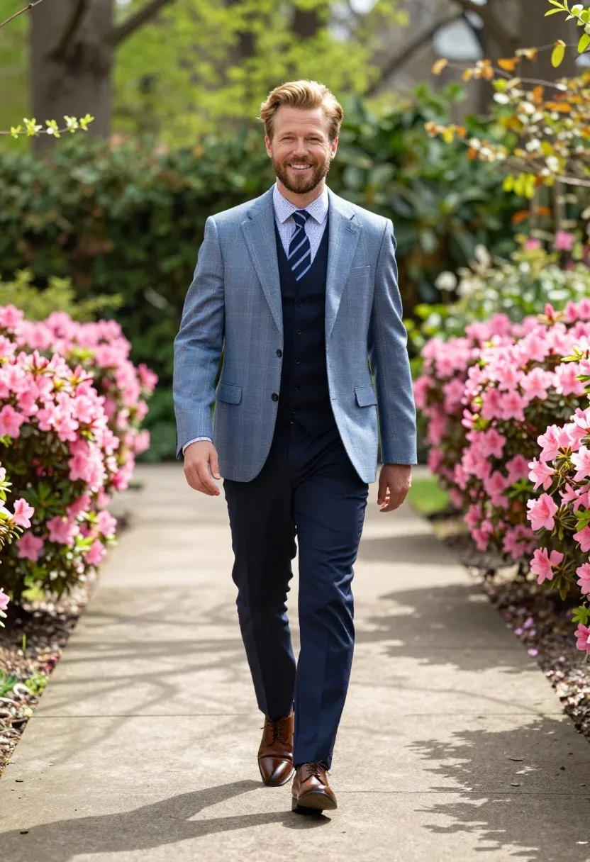 Well-dressed Man With Blonde Hair And Beard Walks Confidently Down