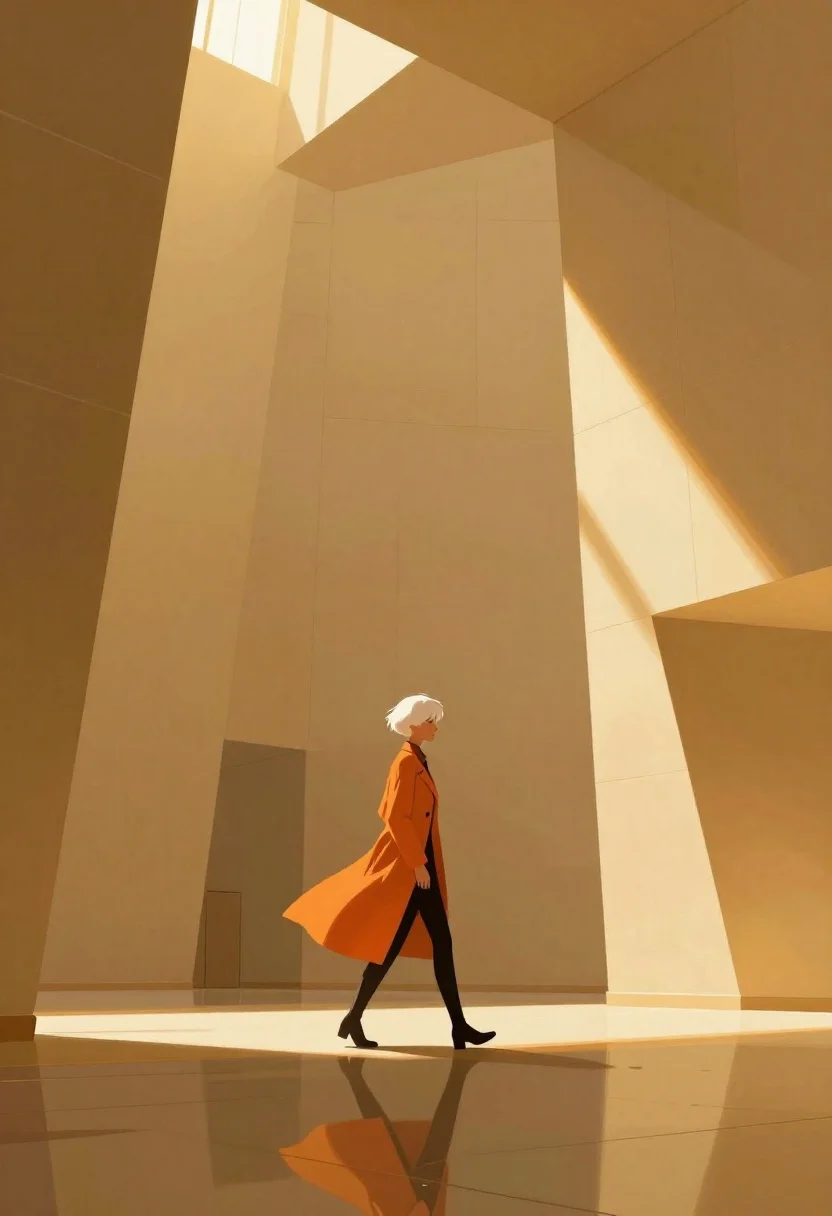 Cinematic Digital Painting Solitary Figure Walking Through Vast Architectural Space reference photo