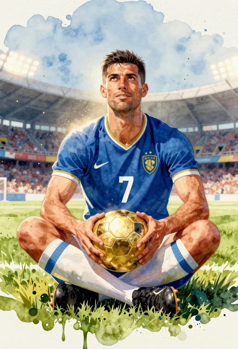 Muscular Male Soccer Player Sits Cross-legged Grassy Field Holding Golden