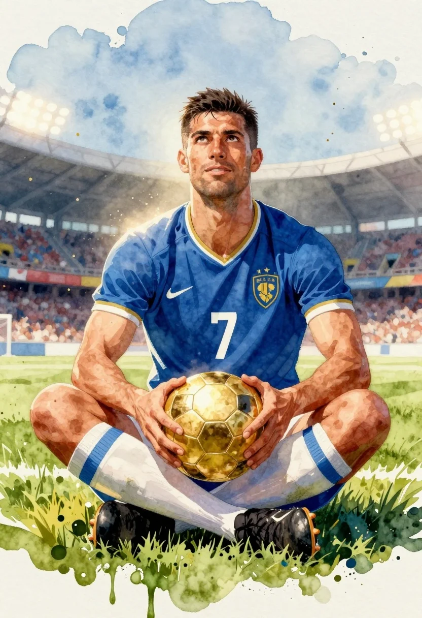 Muscular Male Soccer Player Sits Cross-legged Grassy Field Holding Golden