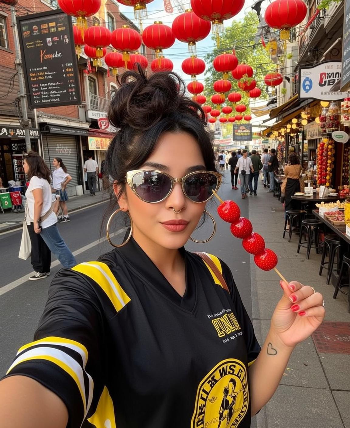 Explore Captured Selfie-style Holding Skewer Candied Strawberries
