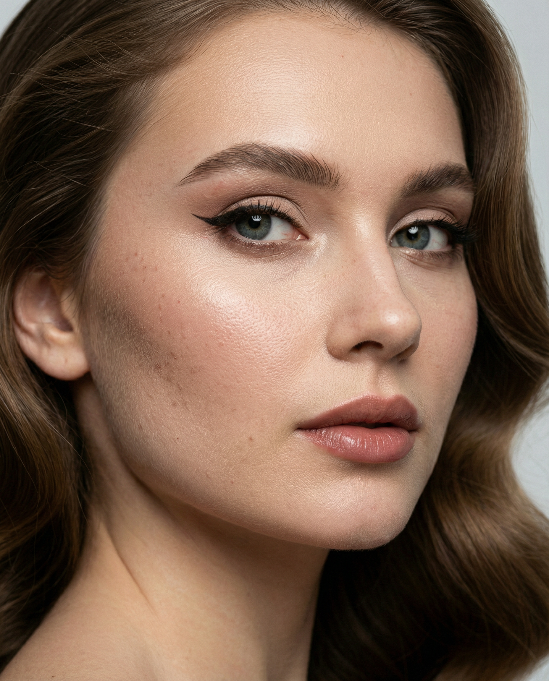 Ultra-realistic close-up portrait highlighting skin texture, visible pores, and natural blemishes.