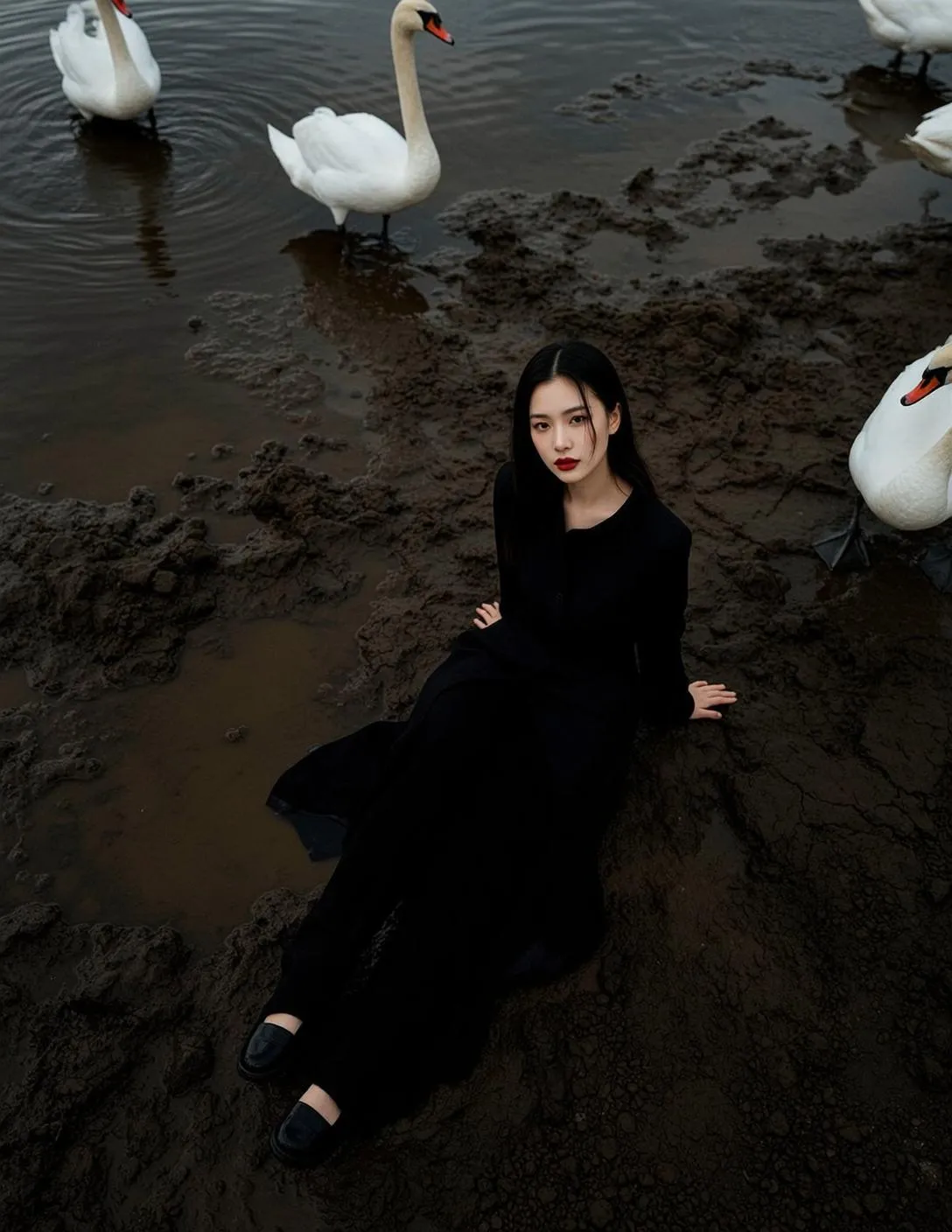 Swans On Muddy Shore