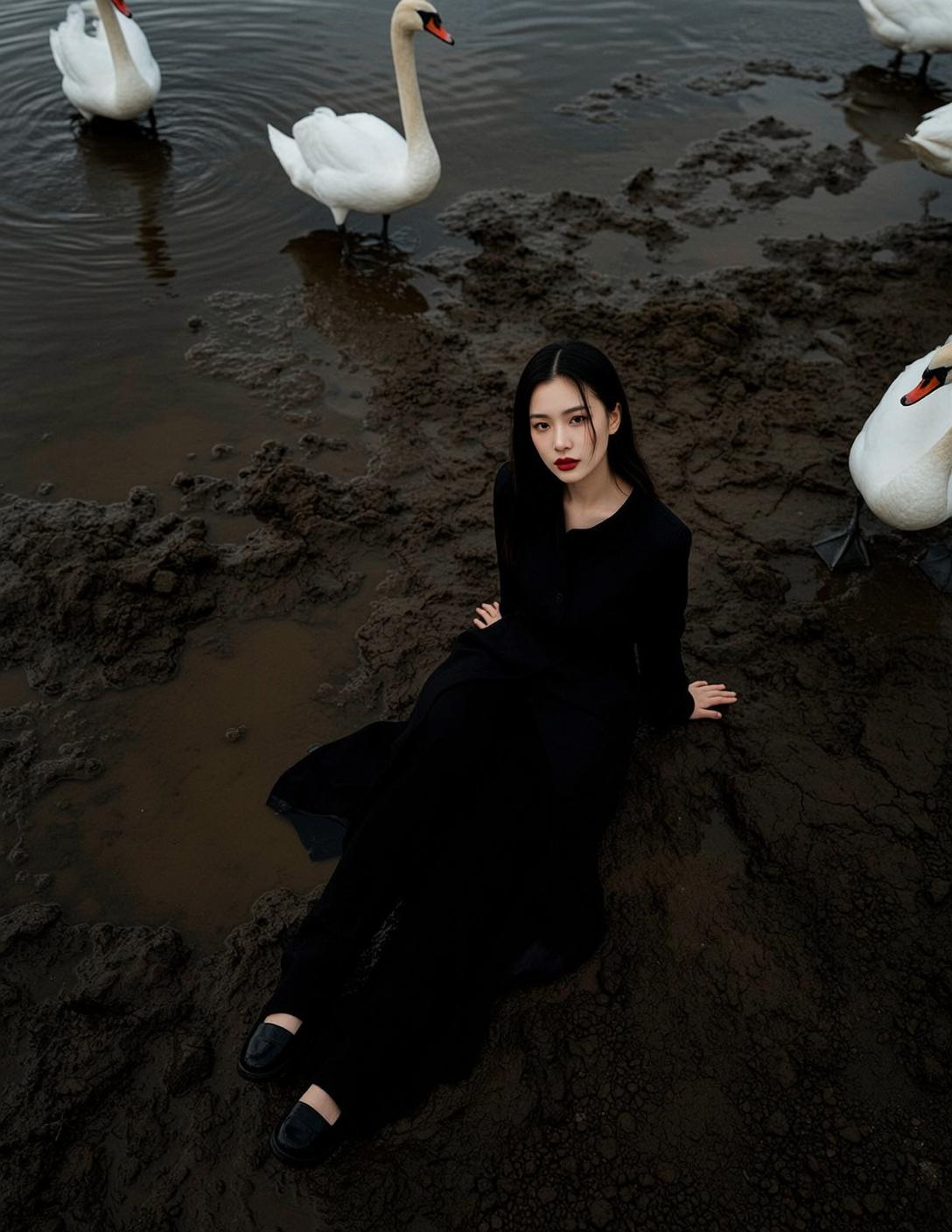 Swans On Muddy Shore