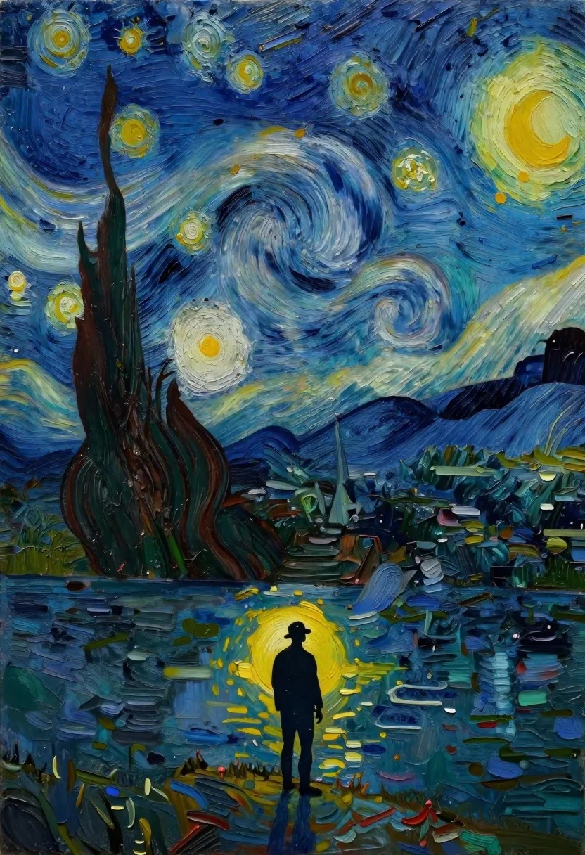 Oil Painting Medium Depicting Silhouetted Lone Fisherman Standing The Shore reference photo