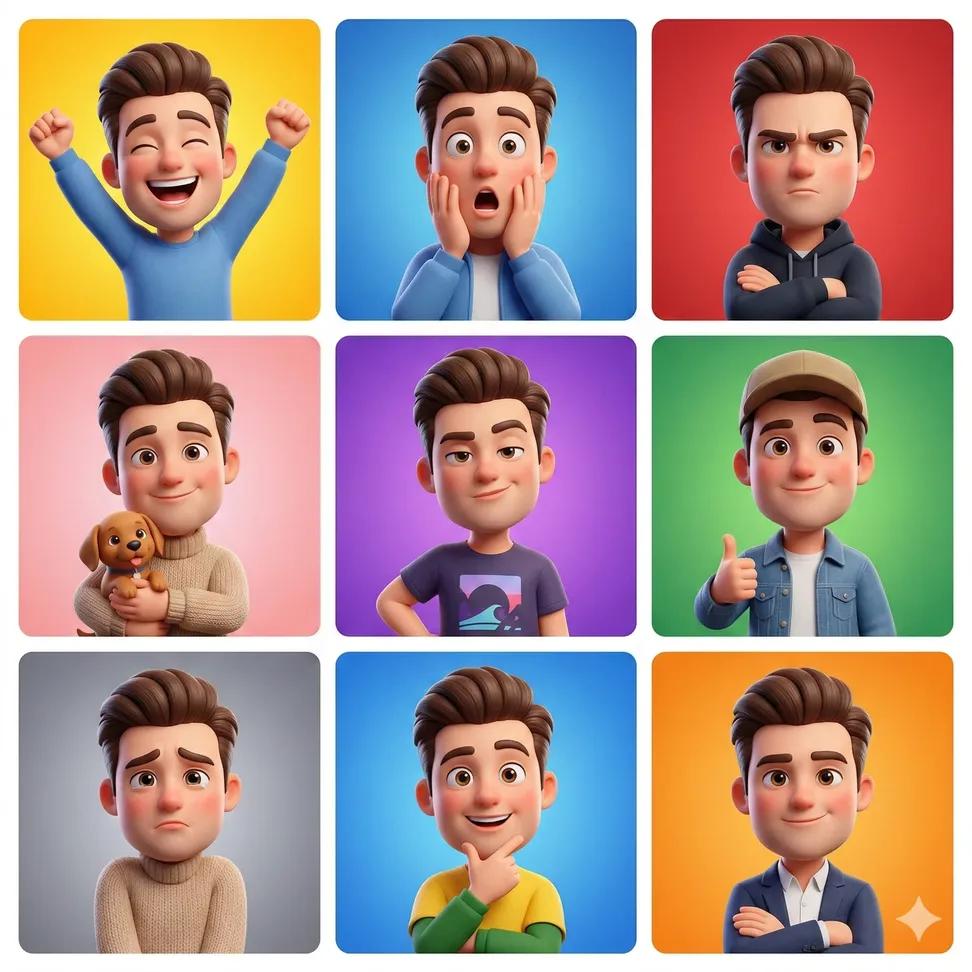 Pixar Style Male Avatar 3x3 Emotion Grid