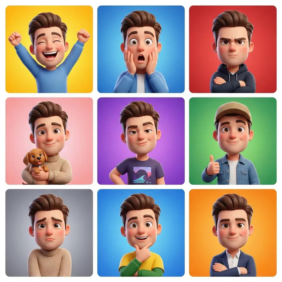A vibrant 3x3 grid showcasing Pixar-style male avatars with various emotions against distinct colorful backgrounds.