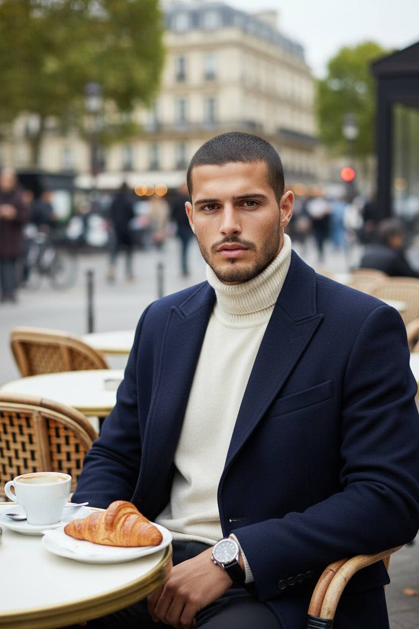 A man with a natural expression sitting outside a Paris café, wearing a navy wool coat and cream turtleneck, with a coffee cup and croissant on the table.