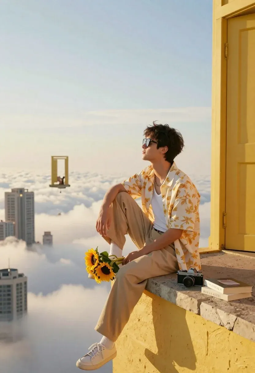 Young Man Sits Contemplatively Yellow Stone Ledge Overlooking Surreal Cityscape