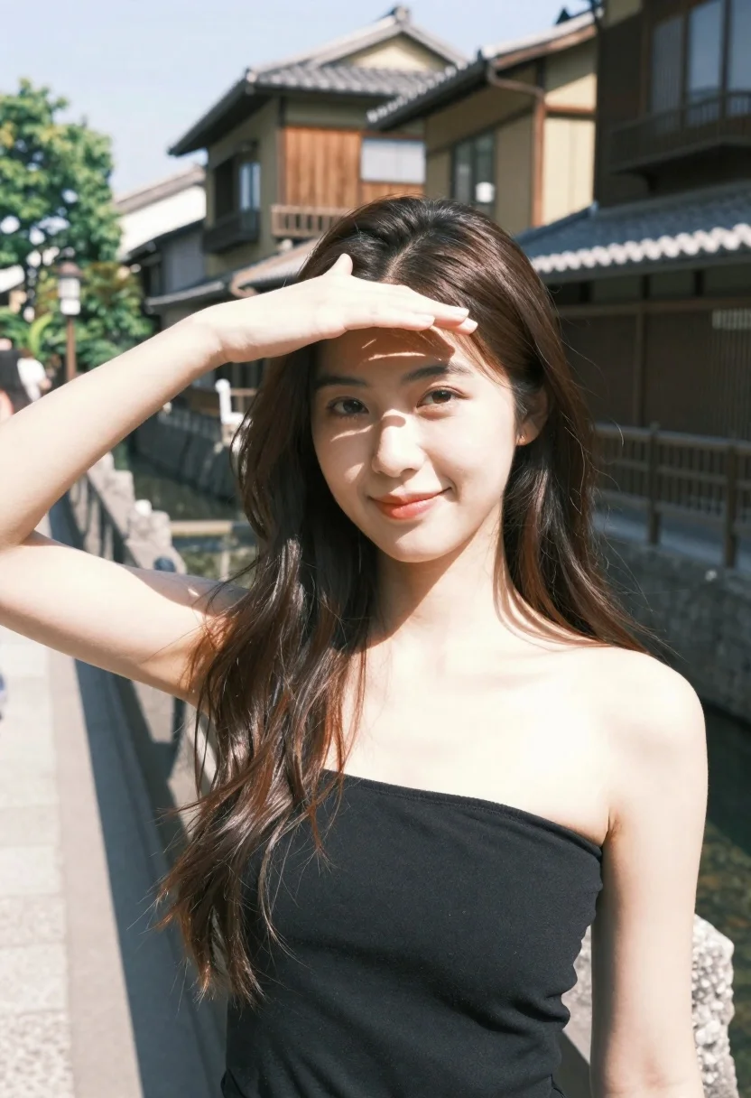 Young Woman With Long Dark Hair Stands Bright Sunlight Shielding reference photo