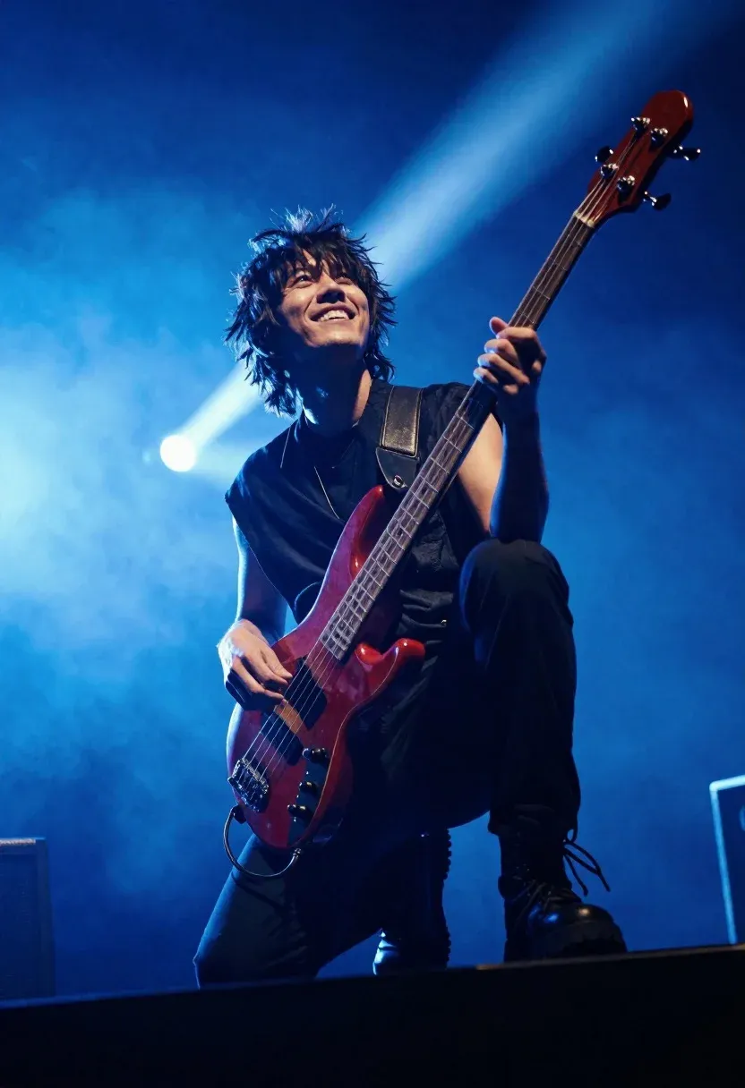 Low-angle Shot Rock Musician Performing Stage Under Intense Blue Lighting
