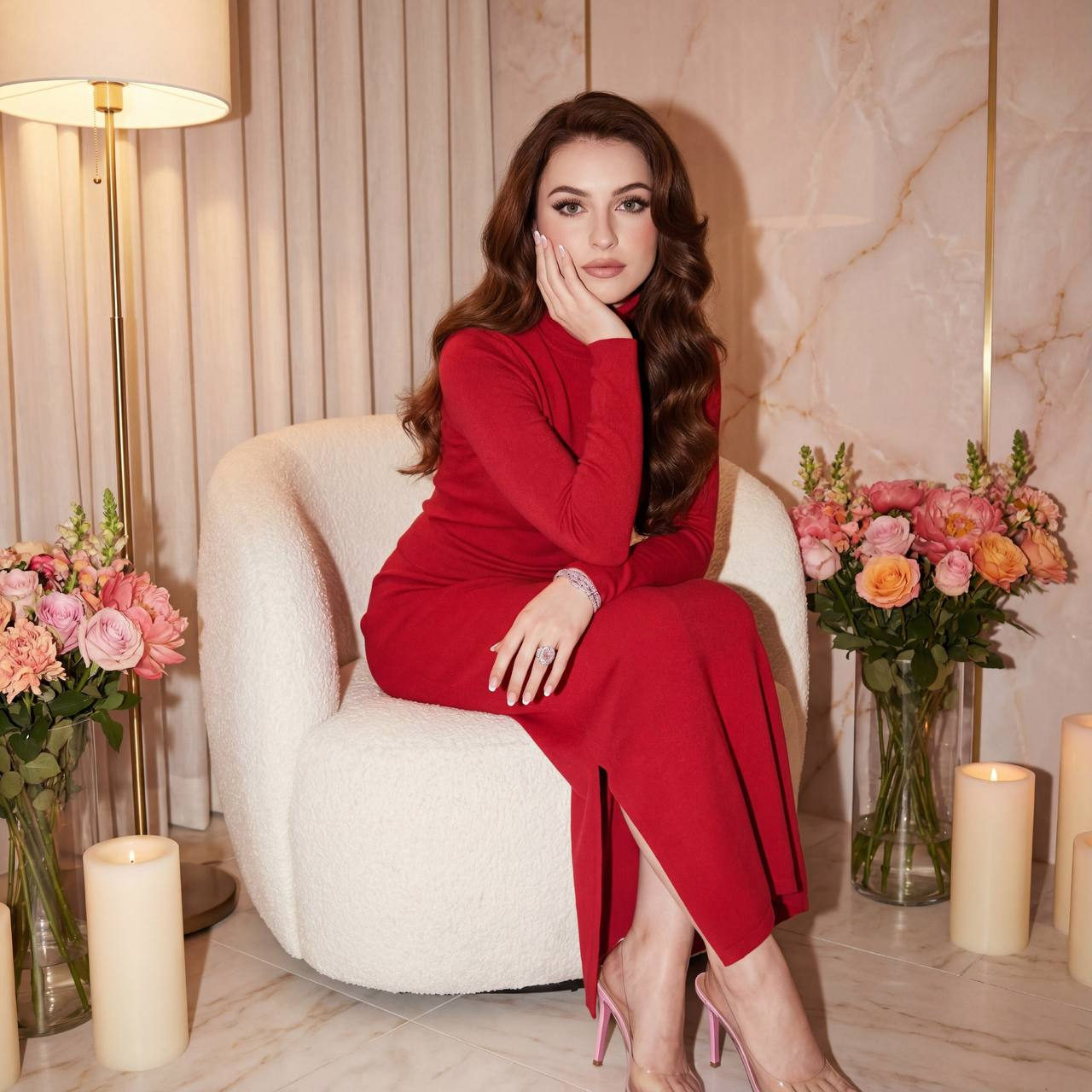 Elegant woman in a cozy bouclé armchair, dressed in a fine-knit red suit, surrounded by warm lighting and luxury decor.