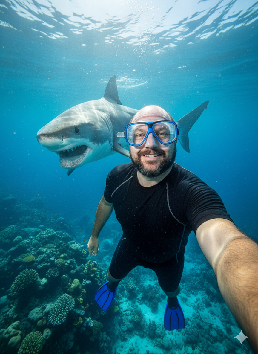 Selfie subaquática de pessoa em bermuda preta com máscara azul, sorrindo enquanto um tubarão branco se aproxima entre recifes coloridos.