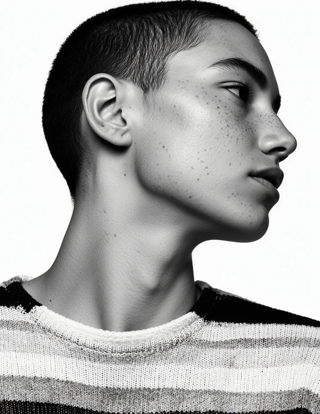 Photorealistic Black And White Portrait Young Person With Short Dark