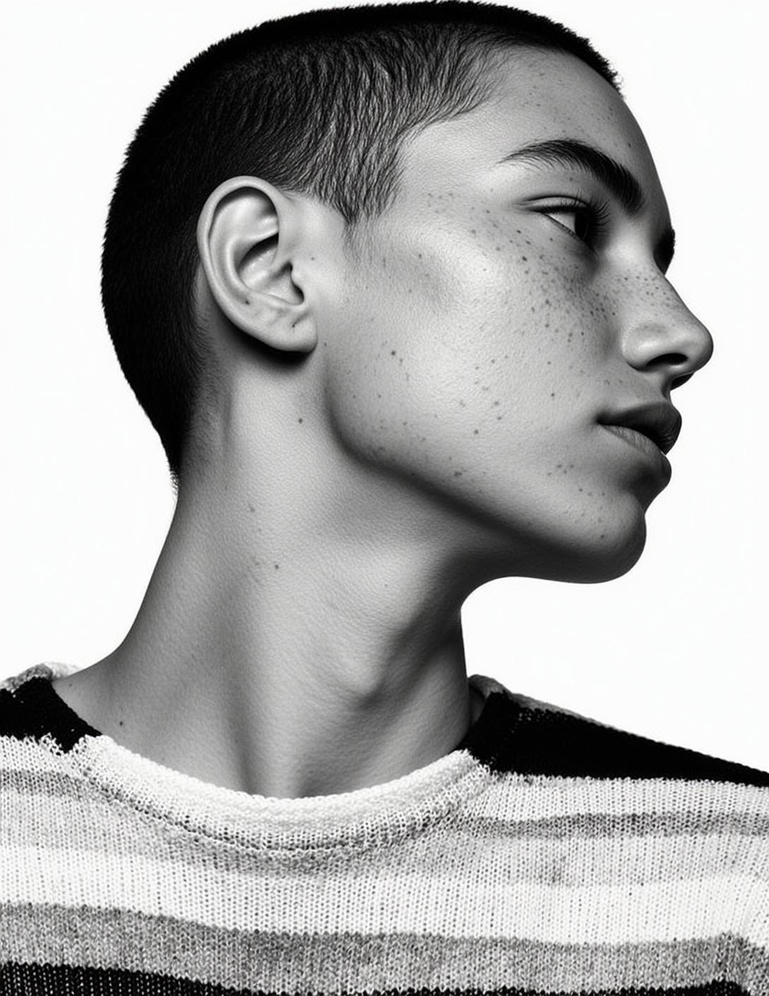 Photorealistic Black And White Portrait Young Person With Short Dark