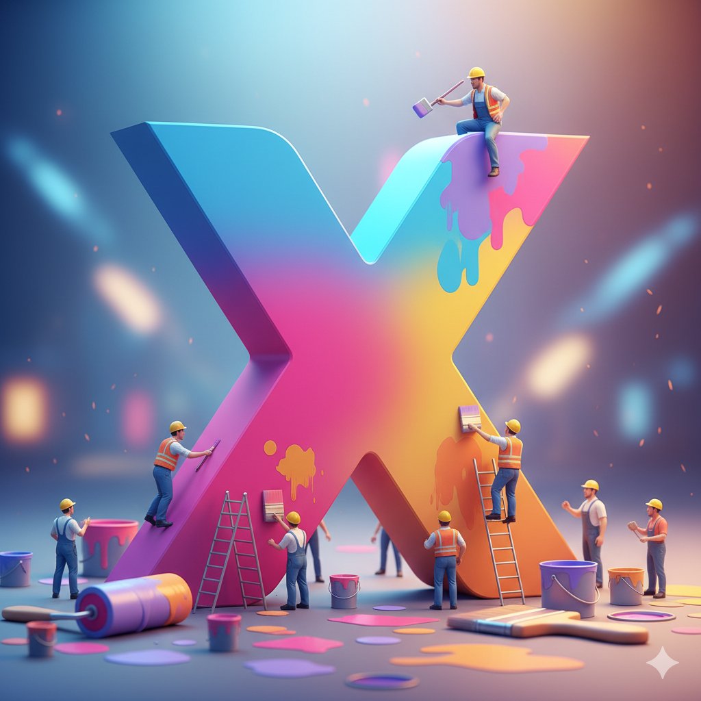 A vibrant 3D colorful X logo surrounded by miniature construction workers painting the scene.